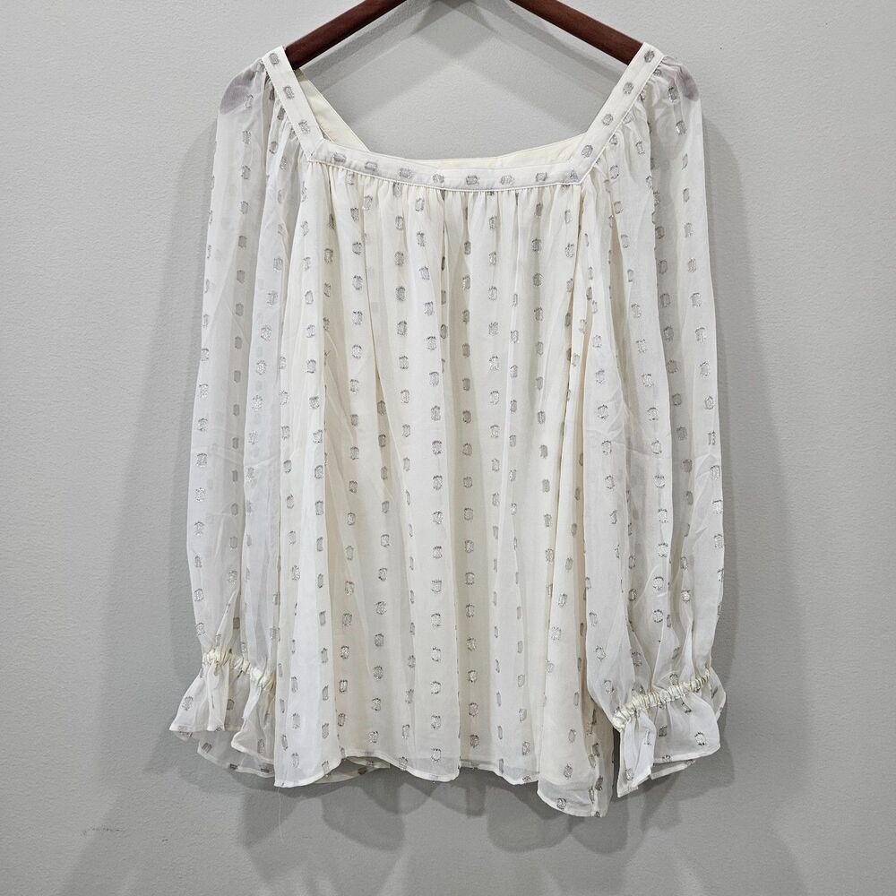 Talbots Womens Gauzy Silver Polka Dot Top Sz 3XP Ivory Fairy Whimsical Ethereal